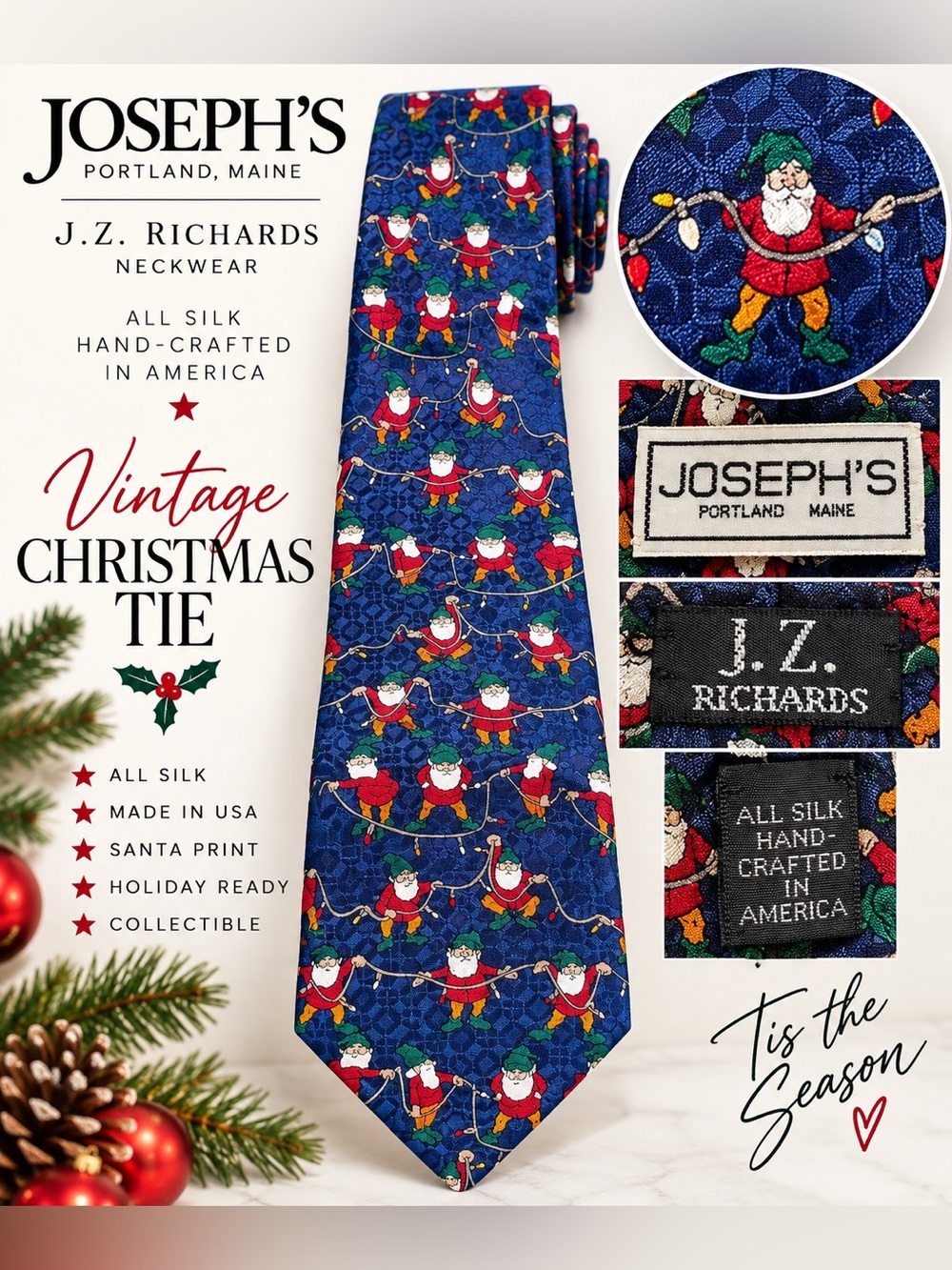 Vintage Joseph’s J.Z. 100% Silk Santa Christmas Lights Novelty Tie USA
